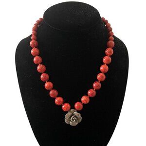 Peyote Bird Vintage Red Coral Bead .925 Sterling Silver Flower Pendant Necklace